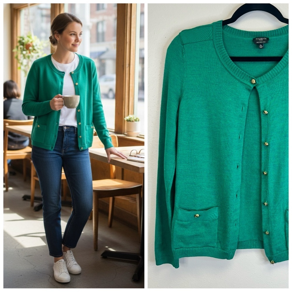 Talbots M Petite Kelly Vibrant Green Cardigan Sweater Gold Buttons Merino Wool